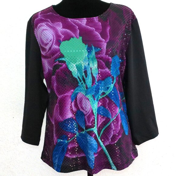 Purple/blue/black floral blouse, with little shiny sequins design - Picture 1 of 7